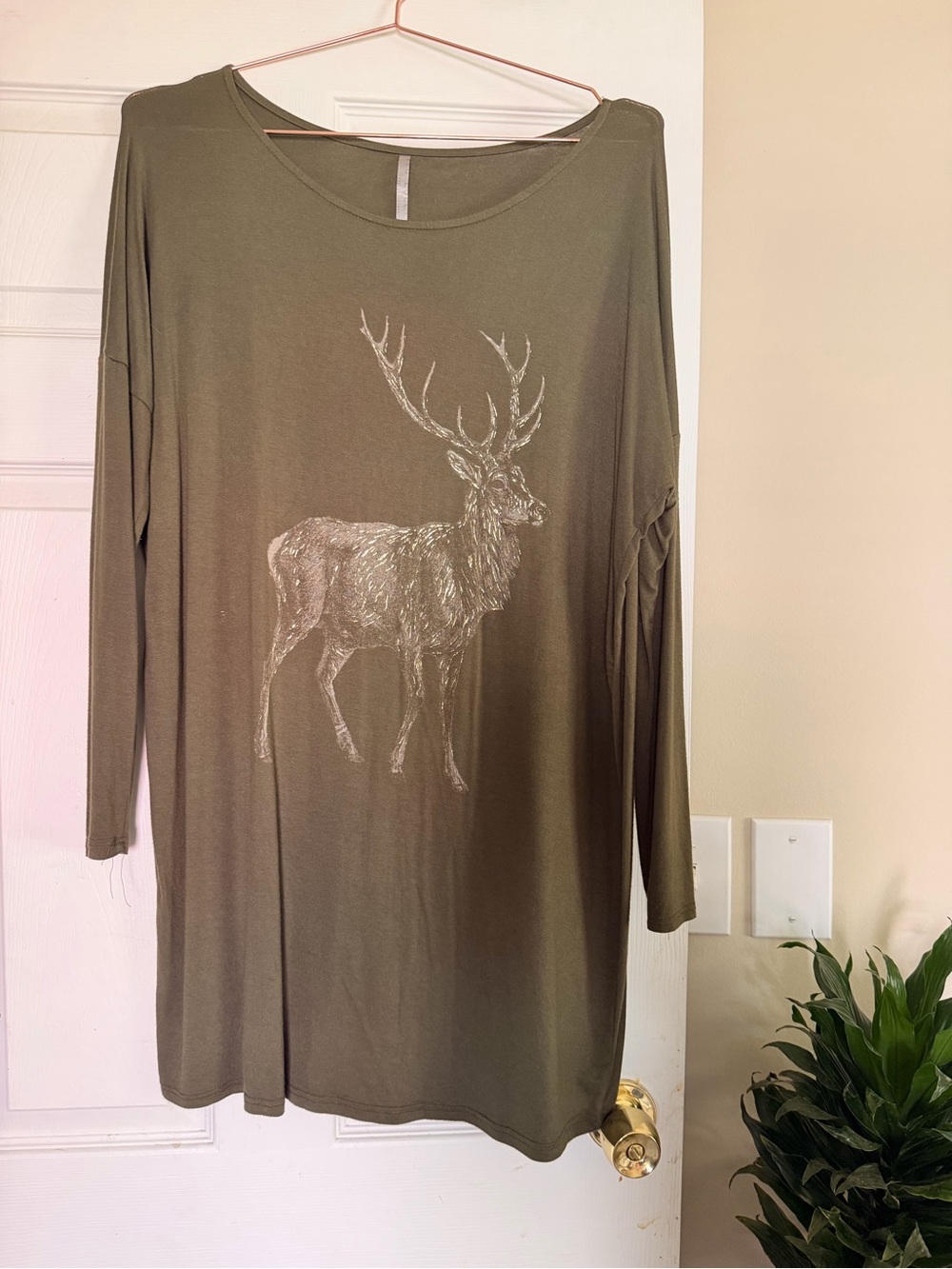 Tucker Olive Green Long-Sleeve Deer Graphic Top